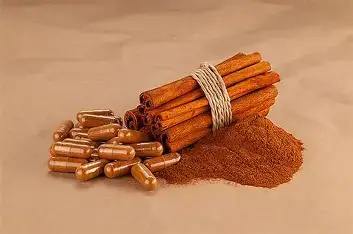 Cinnamon sticks, powder, and herbal capsules for Neuro Surge supplement